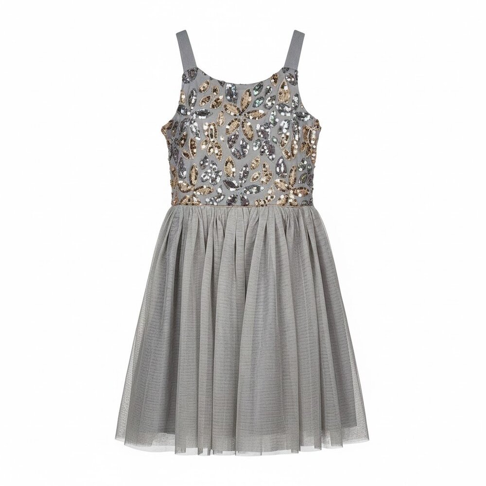 Zunie Girls Flower Girl Dress Size 16 Silver Sequin Floral Bodice Tulle Party